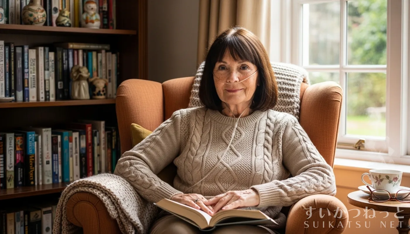 An older woman receiving hydrogen inhalation therapy at home while reading a book in a comfortable chair.