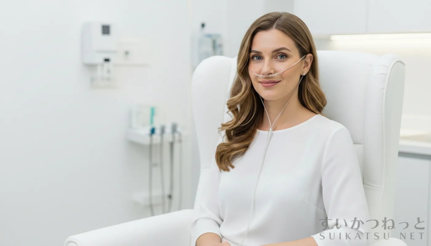 A woman sits in a white chair in a medical clinic setting, receiving hydrogen inhalation therapy.