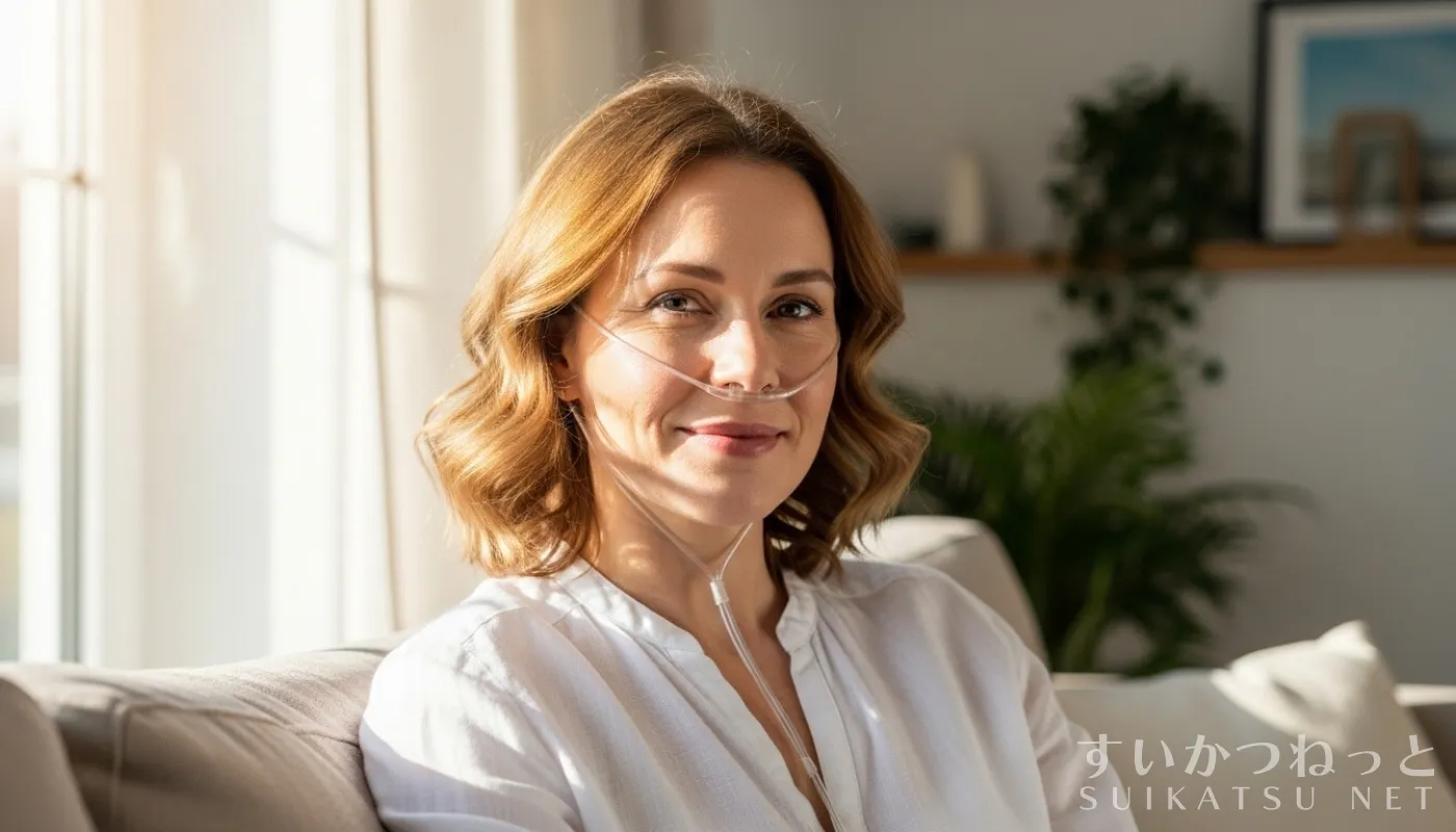 A smiling woman sitting comfortably on a sofa at home while receiving hydrogen inhalation.