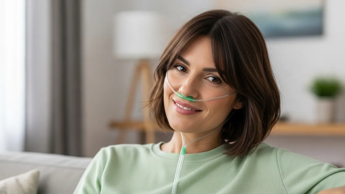 Woman wearing nasal cannula for hydrogen inhalation