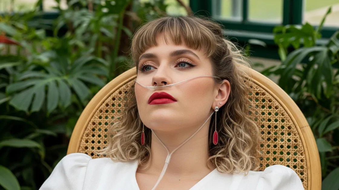 A stylish young woman with a nasal cannula looks thoughtfully into the distance, surrounded by lush green plants.