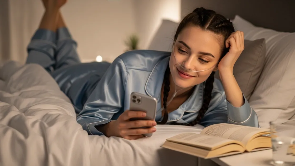 A young woman wearing a nasal cannula smiles while using her smartphone in bed.