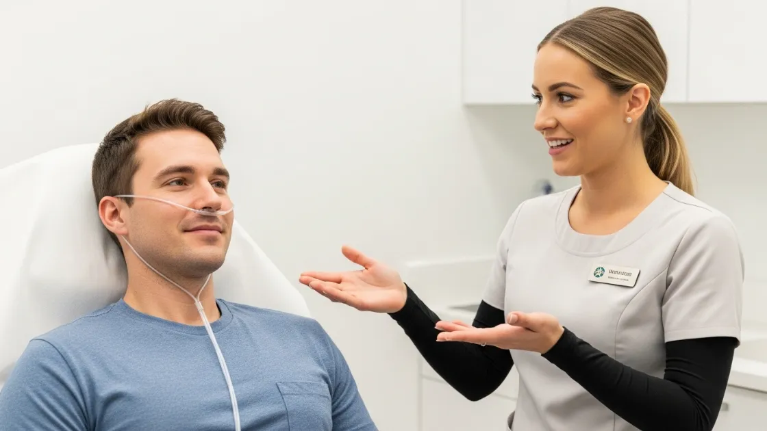 A young male patient with a nasal cannula talks with a female healthcare professional in a clinical setting.