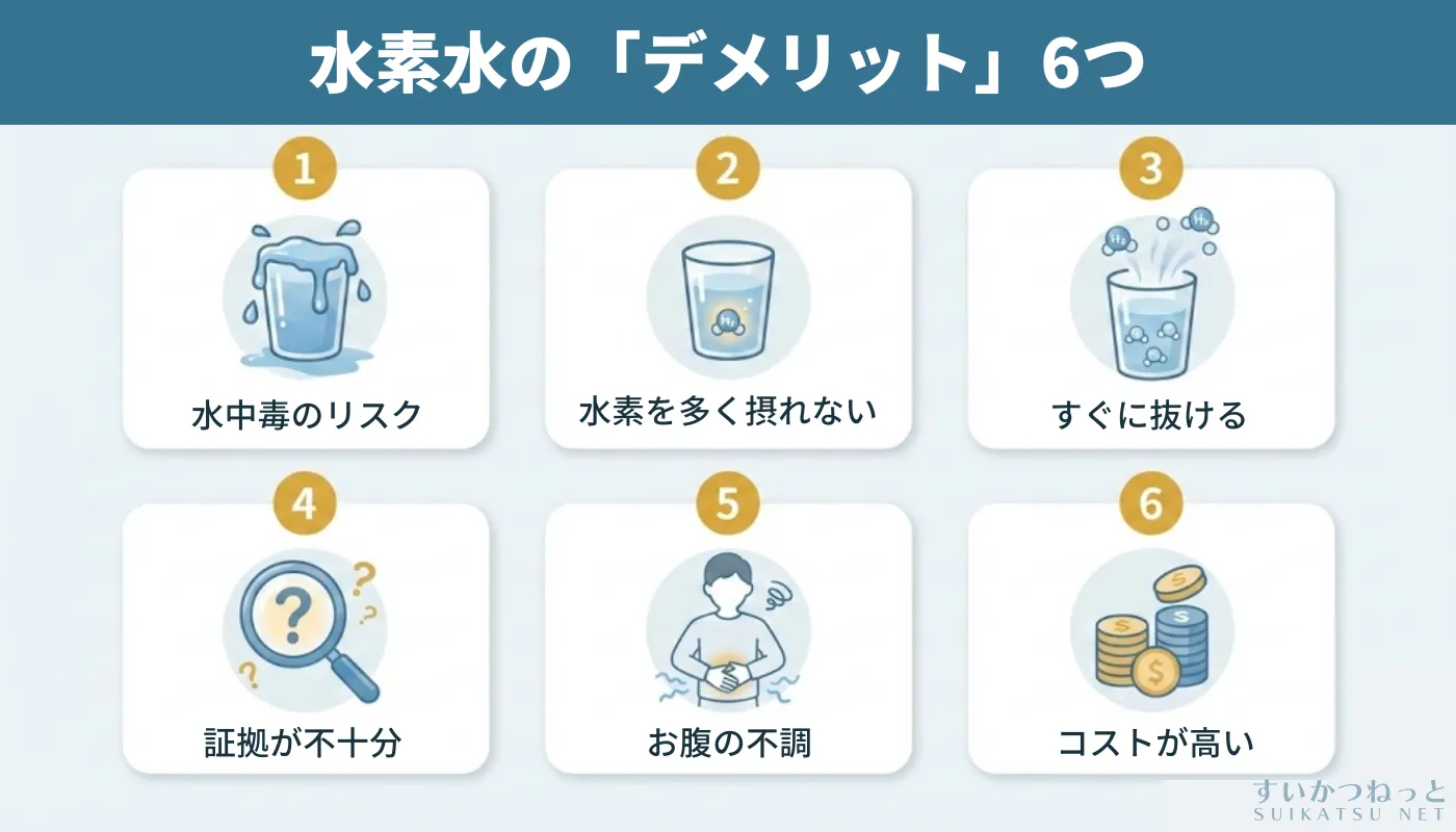 水素水の6つのデメリットを示すインフォグラフィック