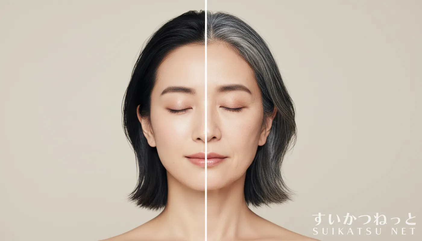 若々しい肌と加齢による変化を左右で比較した、日本人女性のスプリットフェイス(アンチエイジングのイメージ)