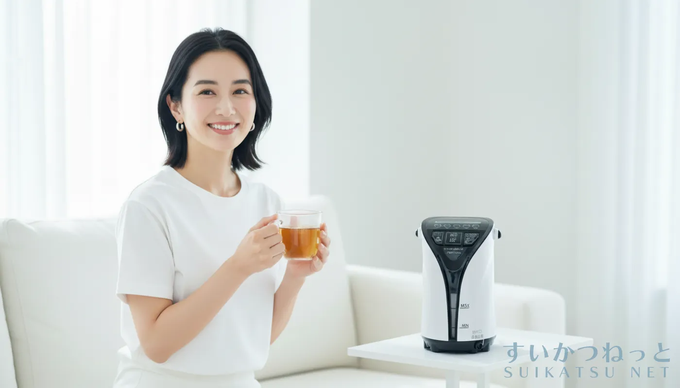 リタエアーの横で女性が紅茶を飲んでいる様子