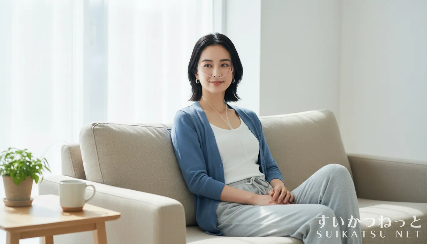 自宅のソファに座って水素吸入をしている女性