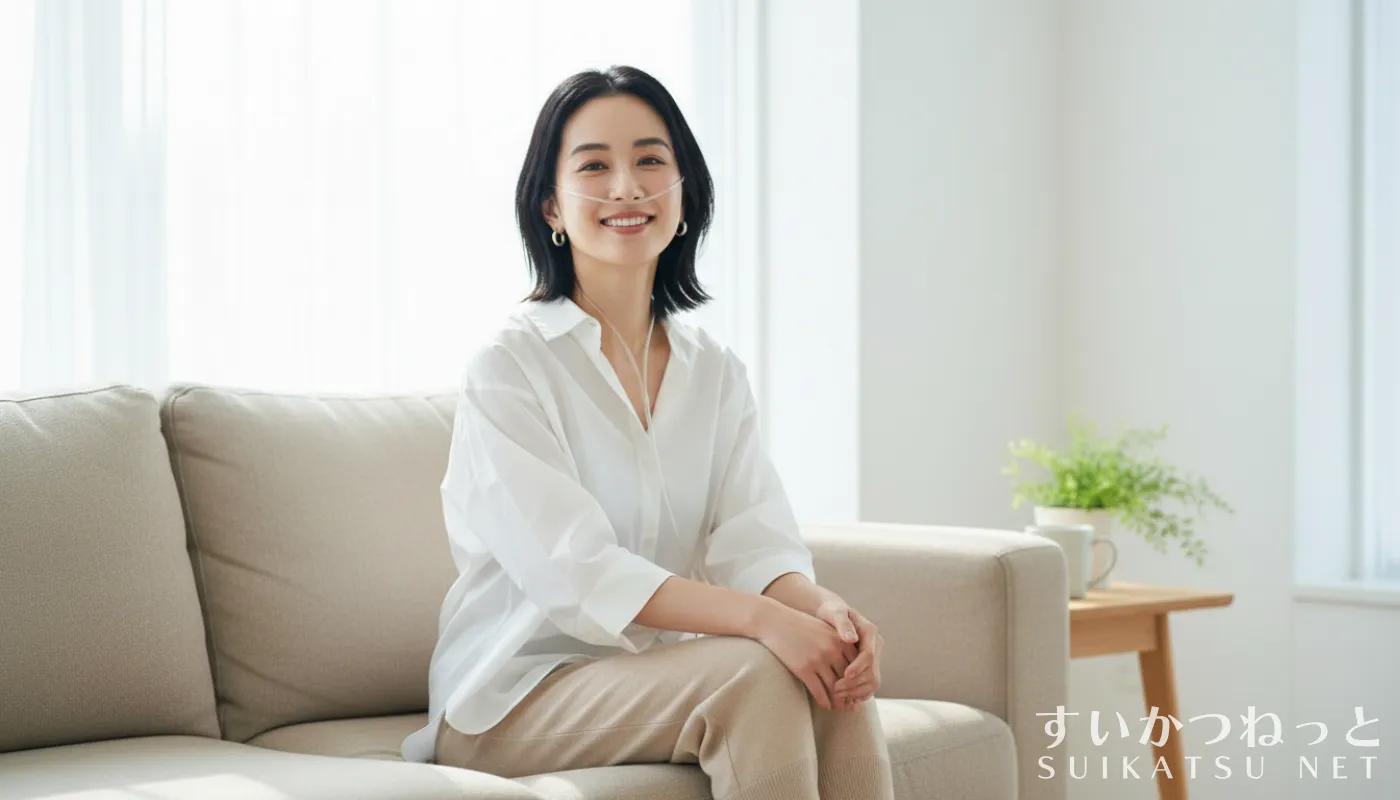 自宅のソファに座って水素吸入をしている女性